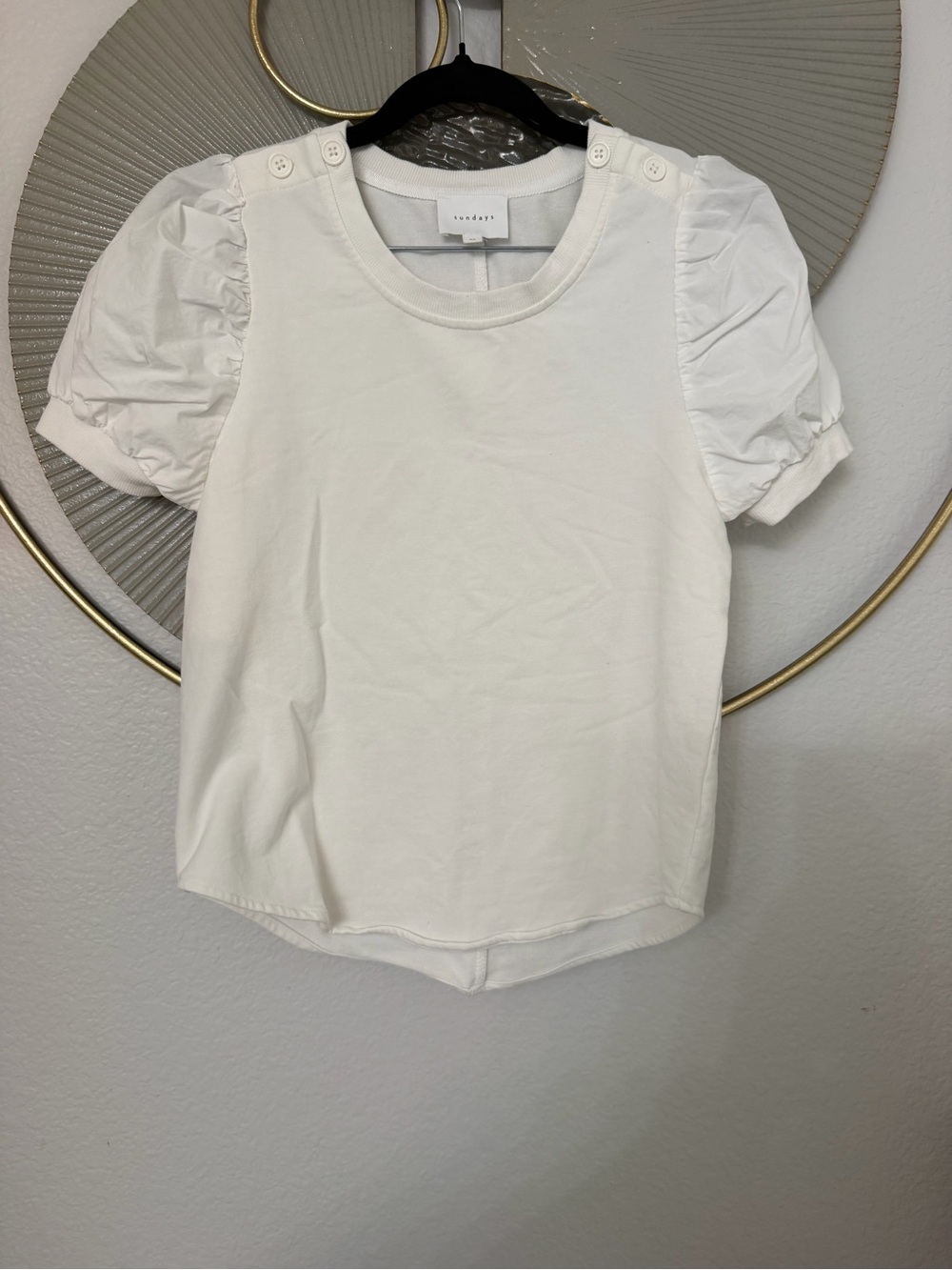 sundays White Puff Sleeve Tee with Button Shoulder Detail